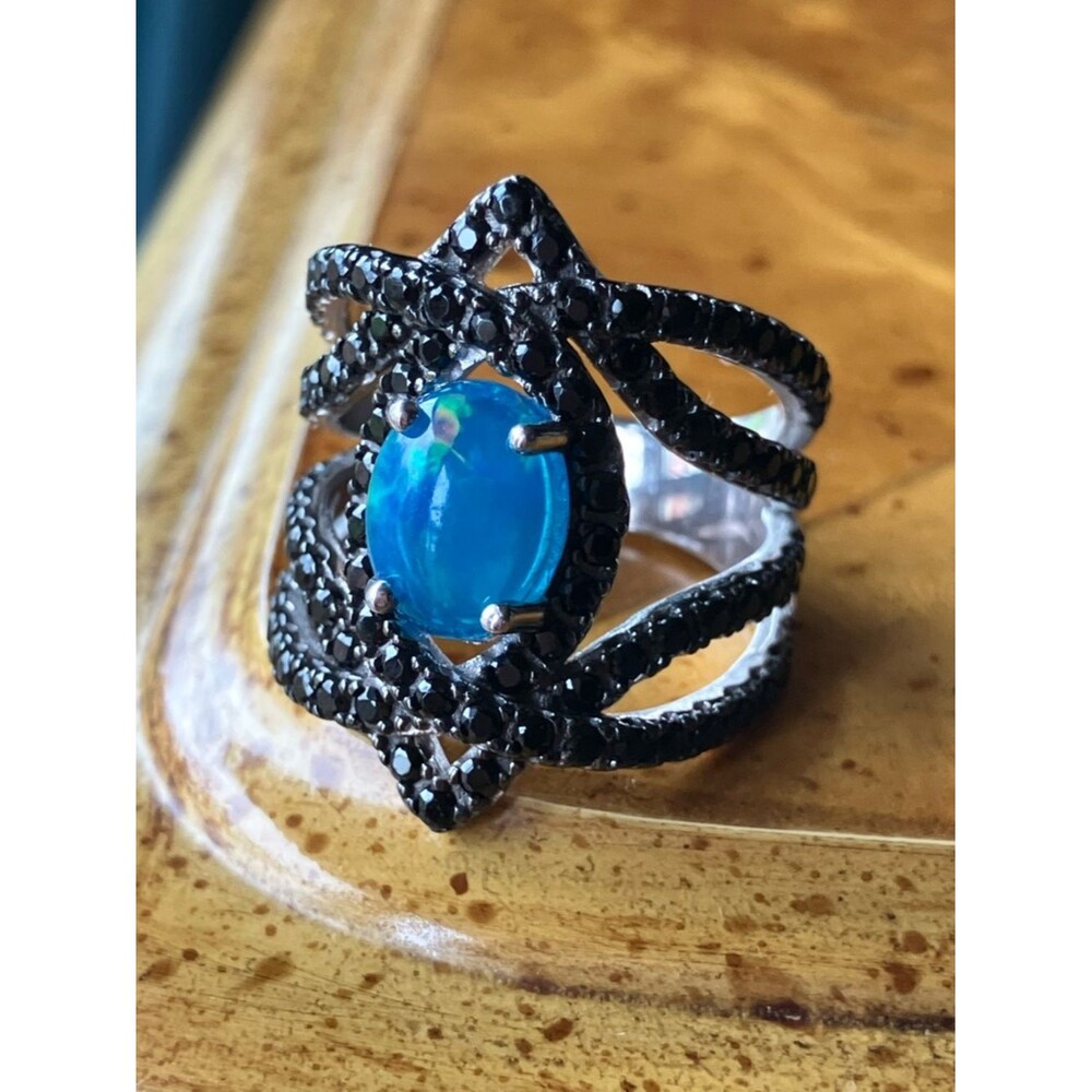 Blue Ethiopian Opal Black Spinel Sterling Silver Ring Size 6